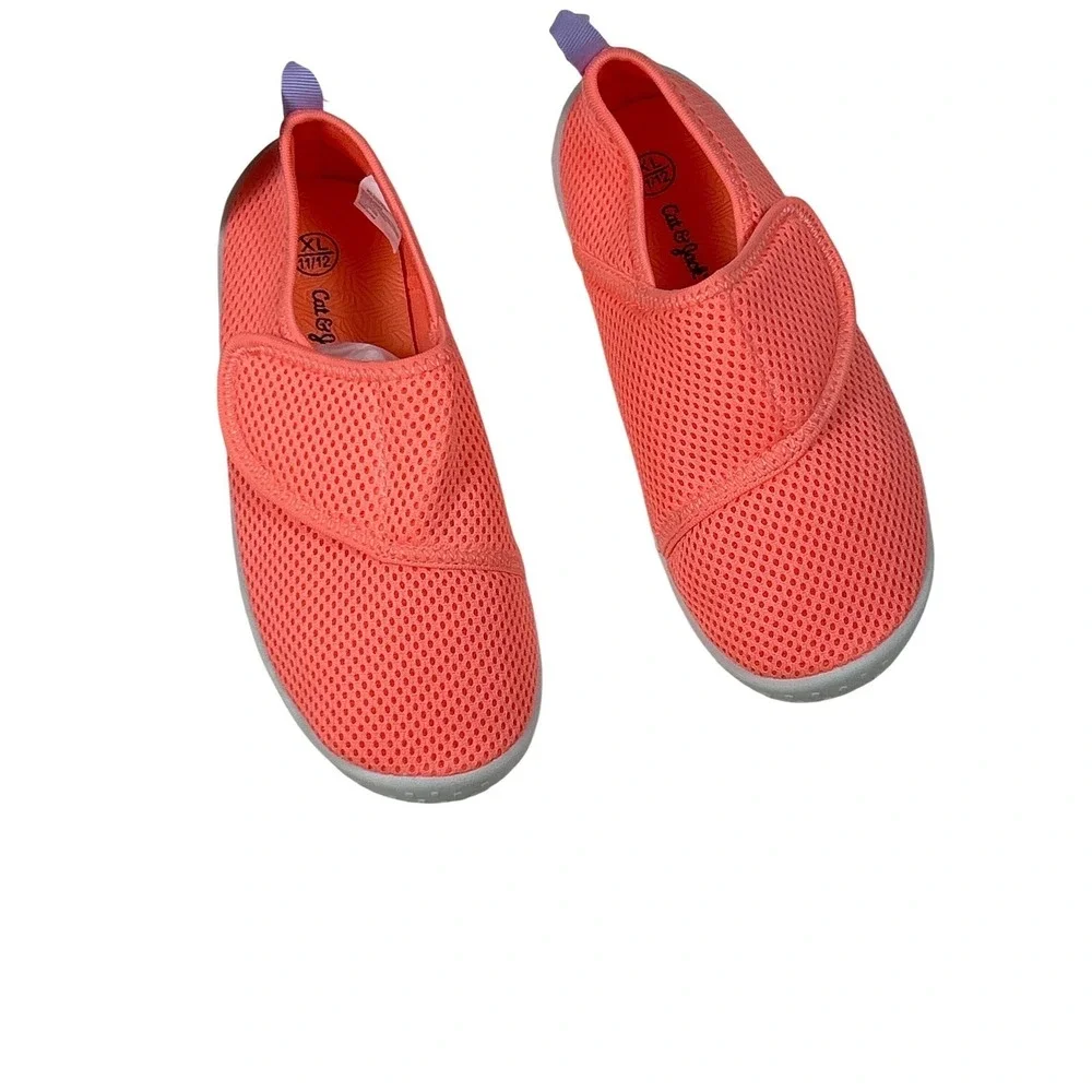 Cat & Jack Kids Neon Coral Pink Mesh‎ Water Shoes XL 11/12 Hook Loop Slip On